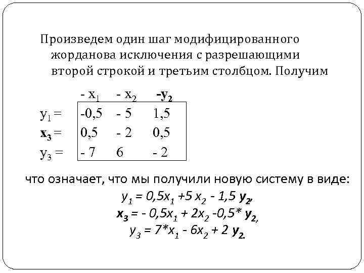 Произведем один шаг модифицированного жорданова исключения с разрешающими второй строкой и третьим столбцом. Получим