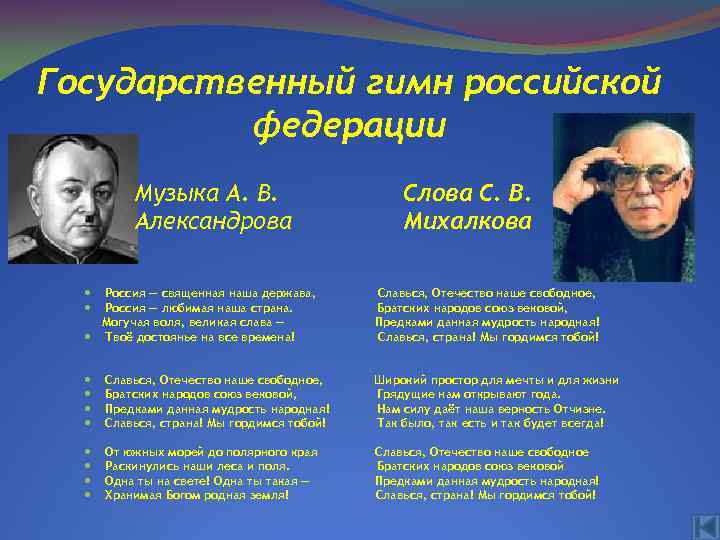 Государственный гимн российской федерации Музыка А. В. Александрова Россия — священная наша держава, Россия