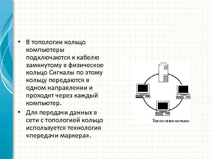  • В топологии кольцо компьютеры подключаются к кабелю замкнутому в физическое кольцо Сигналы