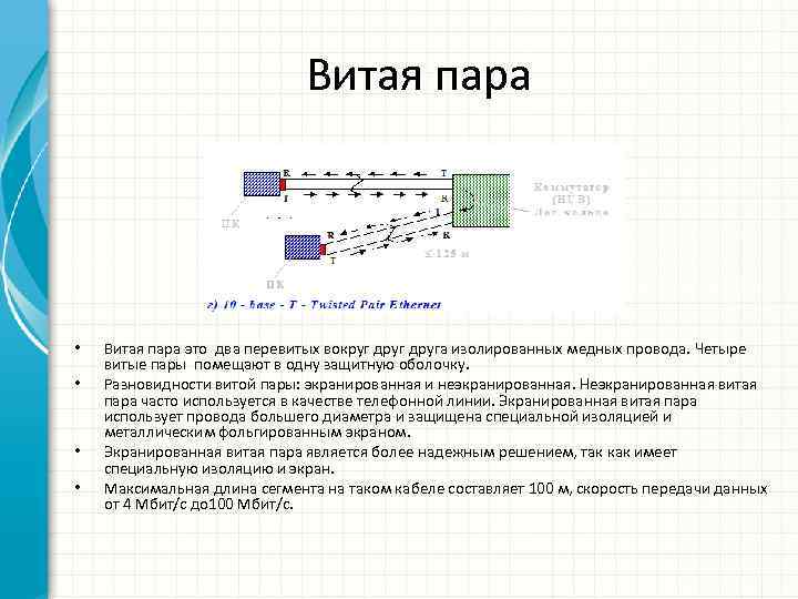 Витая пара • • Витая пара это два перевитых вокруг друга изолированных медных провода.