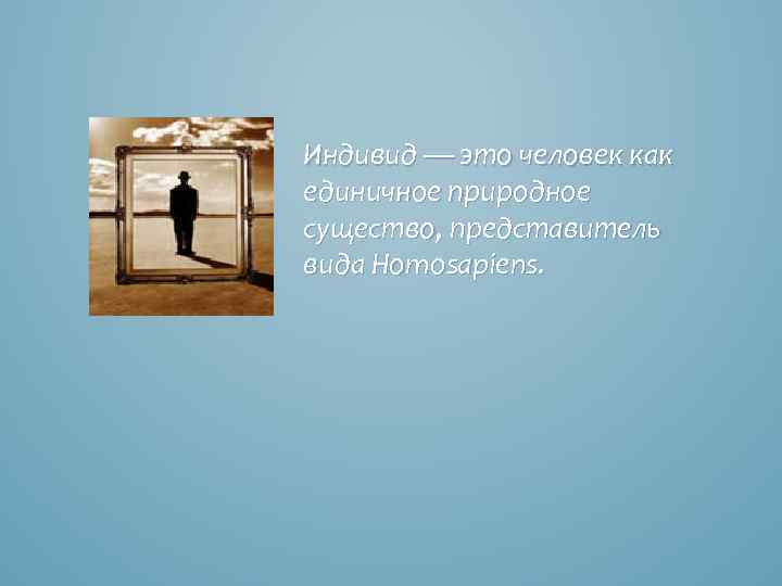 Индивид — это человек как единичное природное существо, представитель вида Homosapiens. 