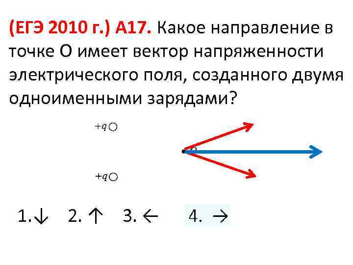 (ЕГЭ 2010 г. ) А 17. Какое направление в точке О имеет вектор напряженности