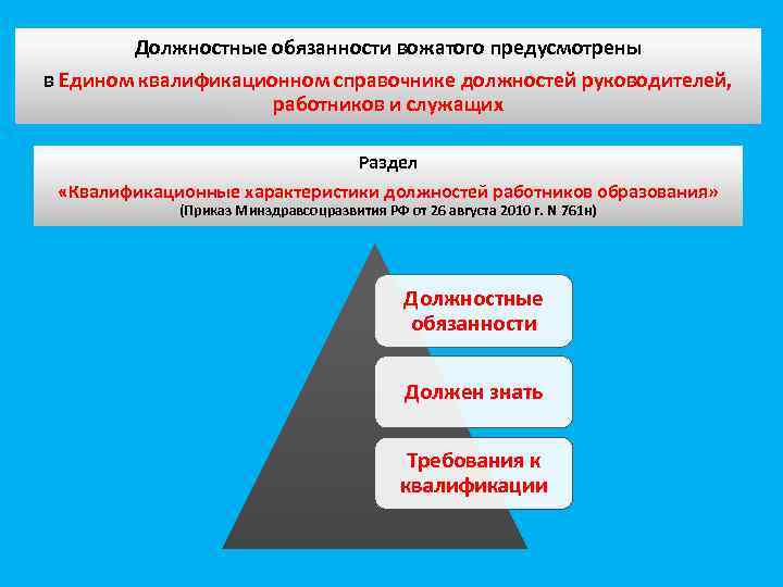 Должностные обязанности вожатого предусмотрены в Едином квалификационном справочнике должностей руководителей, работников и служащих Раздел