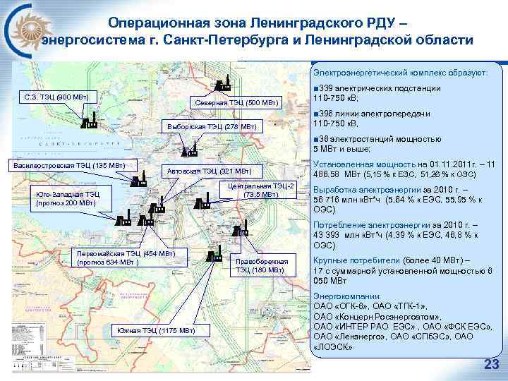 Операционная зона Ленинградского РДУ – энергосистема г. Санкт-Петербурга и Ленинградской области Электроэнергетический комплекс образуют: