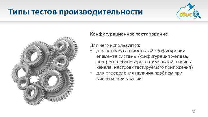 Типы тестов производительности Конфигурационное тестирование Для чего используется: • для подбора оптимальной конфигурации элемента