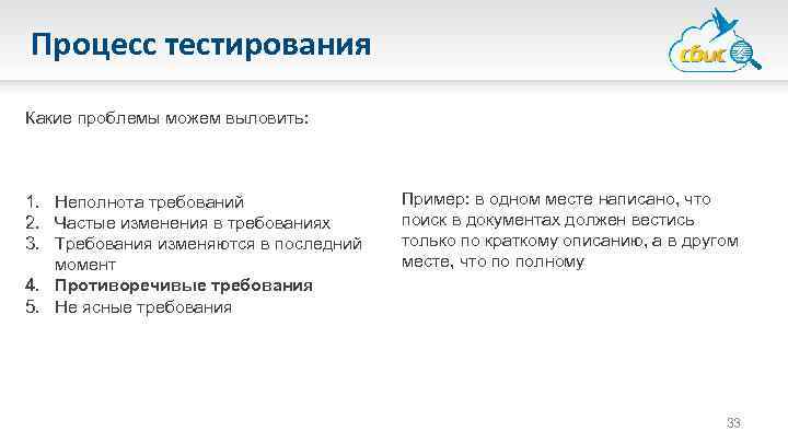 Процесс тестирования Какие проблемы можем выловить: 1. Неполнота требований 2. Частые изменения в требованиях