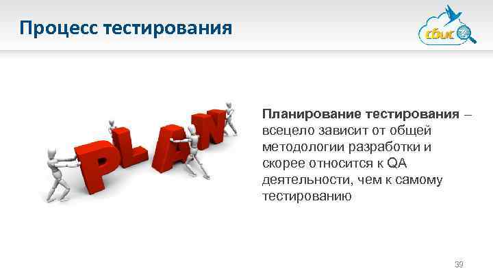 Процесс тестирования Планирование тестирования – всецело зависит от общей методологии разработки и скорее относится