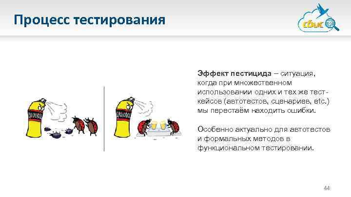 Процесс тестирования Эффект пестицида – ситуация, когда при множественном использовании одних и тех же