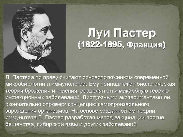 Луи Пастер (1822 -1895, Франция) Л. Пастера по праву считают основоположником современной микробиологии и