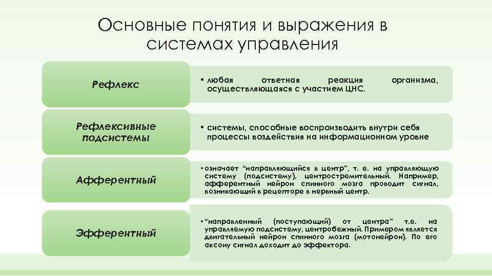 Основные понятия и выражения в системах управления Рефлекс • любая ответная реакция осуществляющаяся с