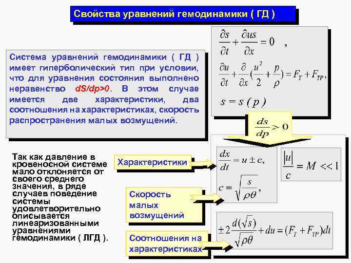 Свойства уравнений гемодинамики ( ГД ) Система уравнений гемодинамики ( ГД ) имеет гиперболический