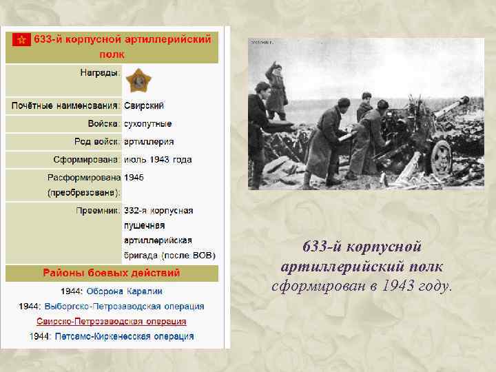 633 -й корпусной артиллерийский полк сформирован в 1943 году. 