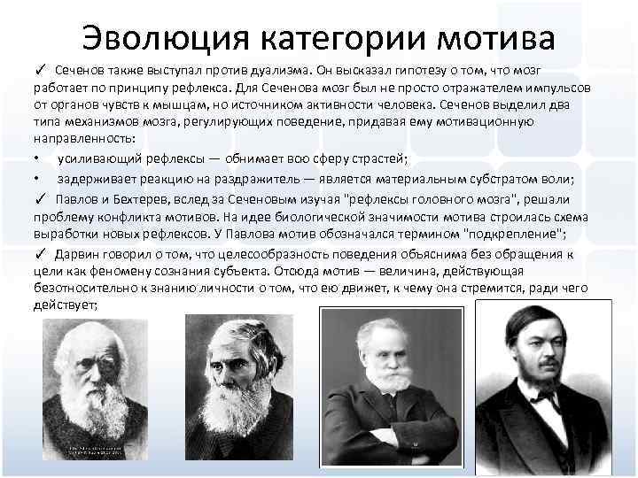 Эволюция категории мотива ✓ Сеченов также выступал против дуализма. Он высказал гипотезу о том,