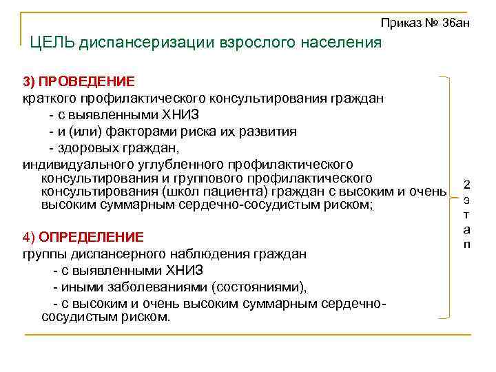 Приказ № 36 ан ЦЕЛЬ диспансеризации взрослого населения 3) ПРОВЕДЕНИЕ краткого профилактического консультирования граждан