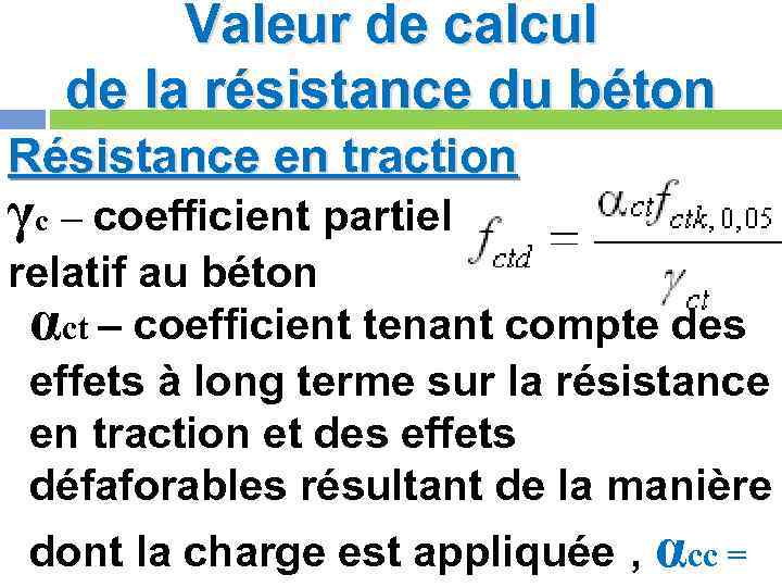 Valeur de calcul de la résistance du béton Résistance en traction γc – coefficient