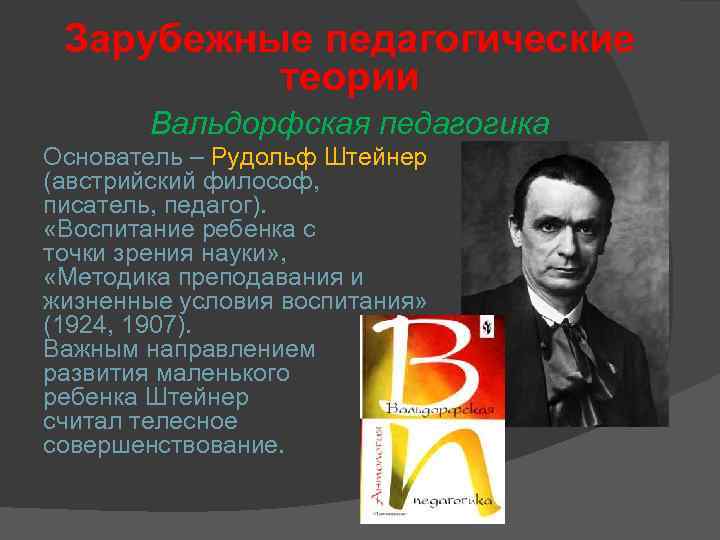 Зарубежные педагогические теории Вальдорфская педагогика Основатель – Рудольф Штейнер (австрийский философ, писатель, педагог). «Воспитание