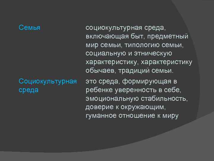 Семья социокультурная среда, включающая быт, предметный мир семьи, типологию семьи, социальную и этническую характеристику,