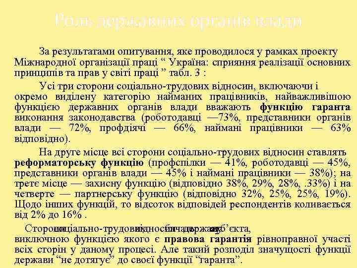 Роль державних органів влади За результатами опитування, яке проводилося у рамках проекту Міжнародної організації