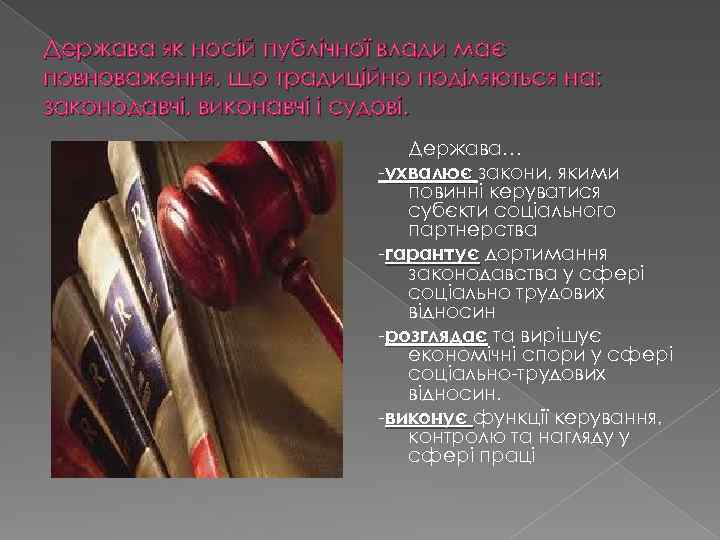 Держава як носій публічної влади має повноваження, що традиційно поділяються на: законодавчі, виконавчі і