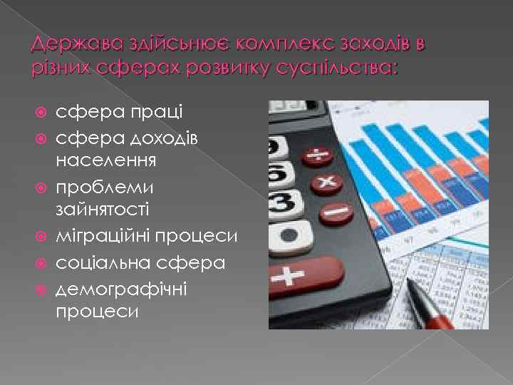 Держава здійсьнює комплекс заходів в різних сферах розвитку суспільства: сфера праці сфера доходів населення