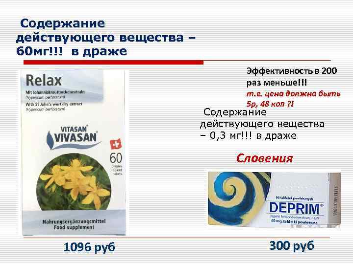 Содержание действующего вещества – 60 мг!!! в драже Эффективность в 200 раз меньше!!! т.