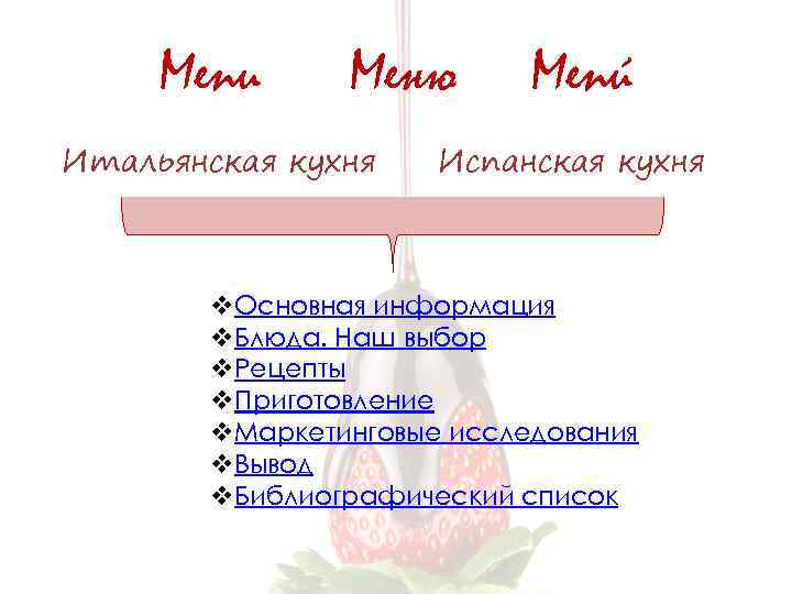 Menu Меню Итальянская кухня Menú Испанская кухня v. Основная информация v. Блюда. Наш выбор