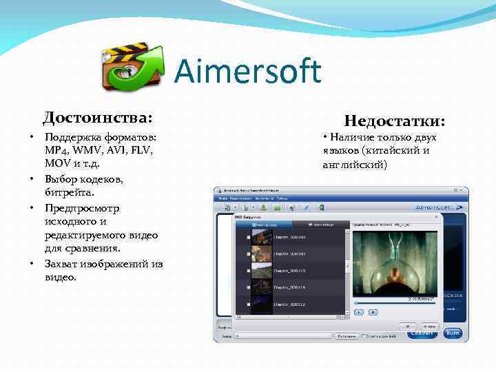 Aimersoft Достоинства: • • Поддержка форматов: MP 4, WMV, AVI, FLV, MOV и т.