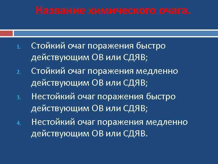 Название химического очага. 1. 2. 3. 4. Стойкий очаг поражения быстро действующим ОВ или