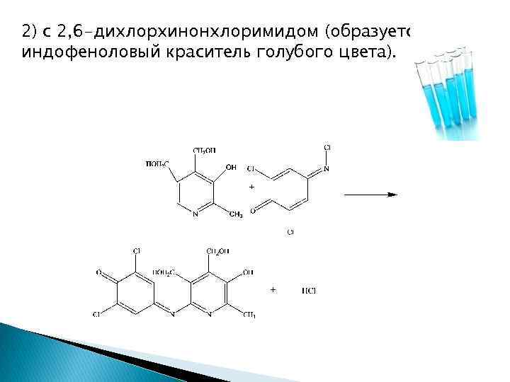 2) с 2, 6 -дихлорхинонхлоримидом (образуется индофеноловый краситель голубого цвета). 