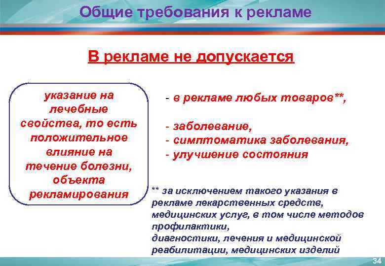 Общие требования к рекламе В рекламе не допускается указание на лечебные свойства, то есть