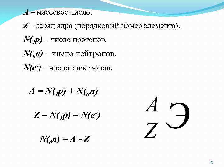 А – массовое число. Z – заряд ядра (порядковый номер элемента). N(1 p) –