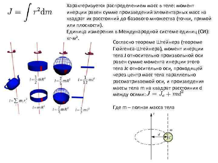 Распределение масс. Момент инерции характеризуется распределением масс в теле. Момент инерции распределение массы. Момент инерции равен сумме произведений. Момент инерции элементарной массы.