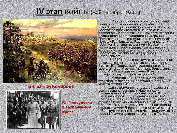 IV этап войны (май - ноябрь 1920 г. ) Битва при Комарове Ю. Пилсудский