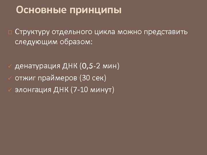 Основные принципы ü ü ü Структуру отдельного цикла можно представить следующим образом: денатурация ДНК