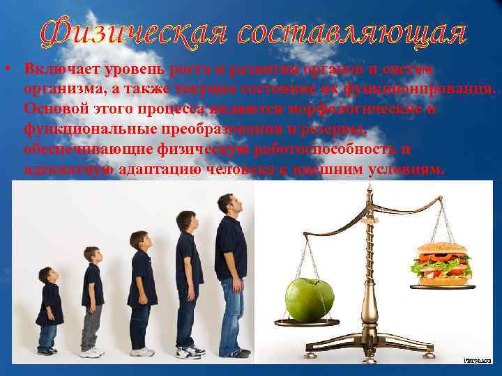 Физическая составляющая • Включает уровень роста и развития органов и систем организма, а также