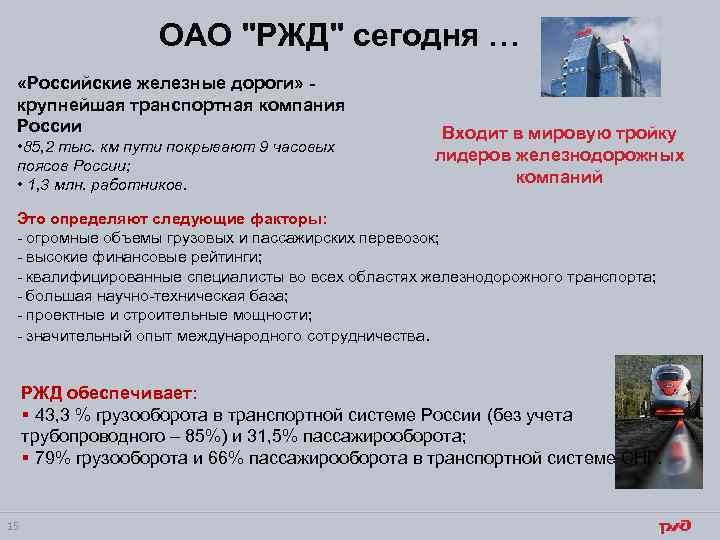 ОАО "РЖД" сегодня … «Российские железные дороги» - крупнейшая транспортная компания России • 85,