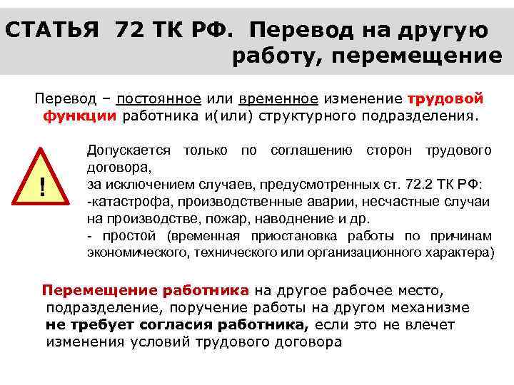 СТАТЬЯ 72 ТК РФ. Перевод на другую работу, перемещение Перевод – постоянное или временное