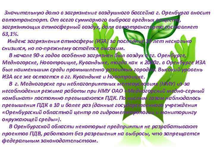  Значительную долю в загрязнение воздушного бассейна г. Оренбурга вносит автотранспорт. От всего суммарного