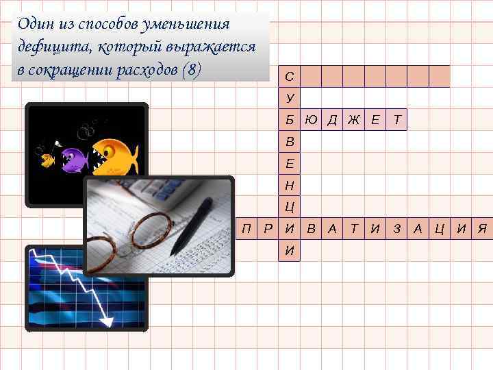 Один из способов уменьшения дефицита, который выражается в сокращении расходов (8) С У Б