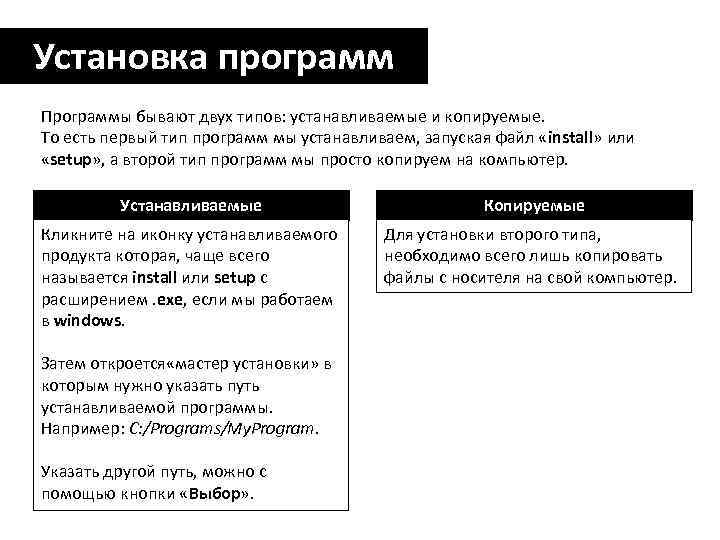 Установка программ Программы бывают двух типов: устанавливаемые и копируемые. То есть первый тип программ