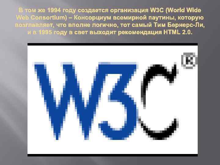 В том же 1994 году создается организация W 3 C (World Wide Web Consortium)