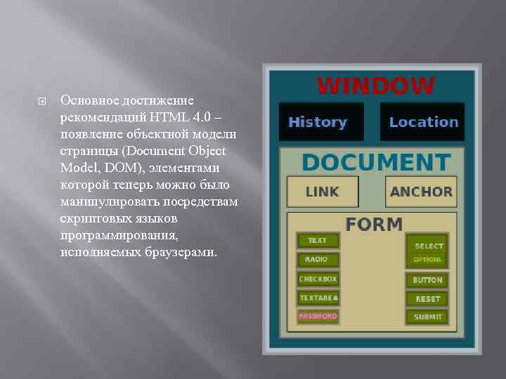  Основное достижение рекомендаций HTML 4. 0 – появление объектной модели страницы (Document Object