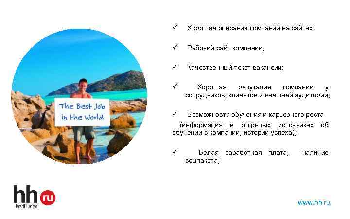 ü Хорошее описание компании на сайтах; ü Рабочий сайт компании; ü Качественный текст вакансии;