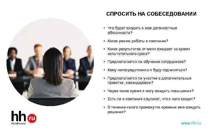 СПРОСИТЬ НА СОБЕСЕДОВАНИИ • Что будет входить в мои должностные обязанности? • Каков режим
