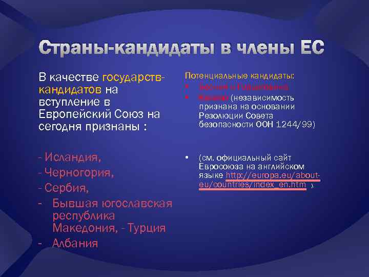 Страны-кандидаты в члены ЕС В качестве государствкандидатов на вступление в Европейский Союз на сегодня