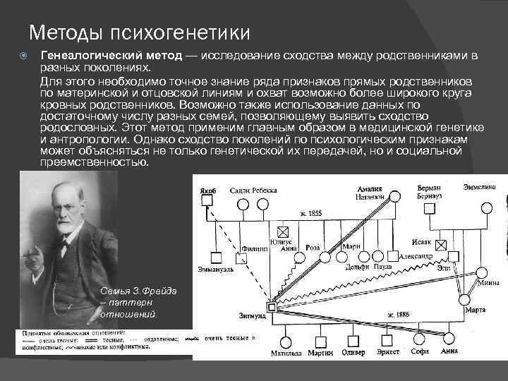 Методы психогенетики Генеалогический метод — исследование сходства между родственниками в разных поколениях. Для этого