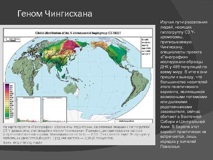 Геном Чингисхана Изучая пути расселения людей, носящих гаплогруппу С 3 Yхромосомы, приписываемую Чингисхану, специалисты