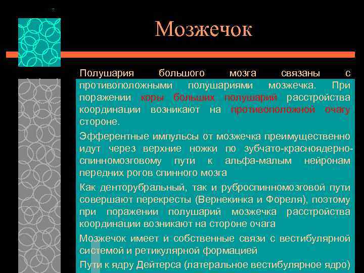 Мозжечок Полушария большого мозга связаны с противоположными полушариями мозжечка. При поражении коры больших полушарий