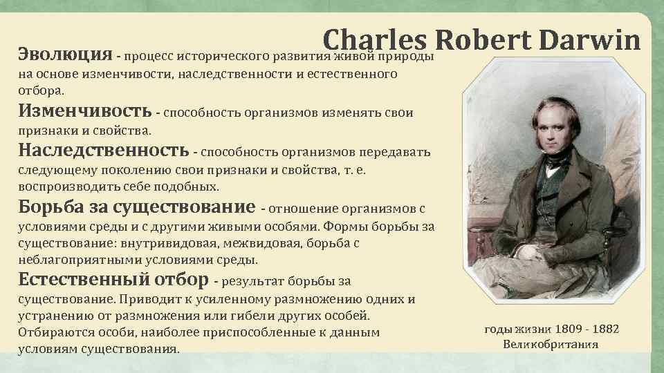 Charles Robert Darwin Эволюция - процесс исторического развития живой природы на основе изменчивости, наследственности