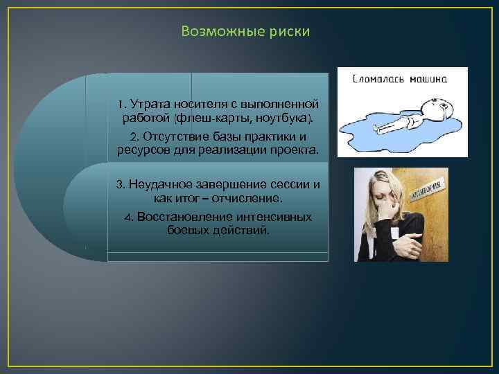 Возможные риски 1. Утрата носителя с выполненной работой (флеш-карты, ноутбука). 2. Отсутствие базы практики